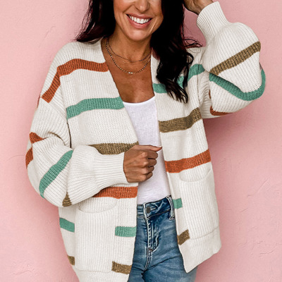 Drop Shoulder Pocketed Stripe Sweater Cardigan