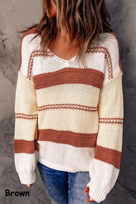 V-neck Knitted Lantern Sleeve Pullover Sweater | 2 Colors |