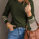  Green Striped Sleeve Plain Knit Sweater