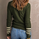  Green Striped Sleeve Plain Knit Sweater