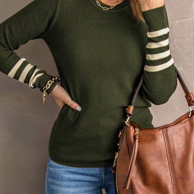 Green Striped Sleeve Plain Knit Sweater