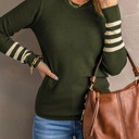  Green Striped Sleeve Plain Knit Sweater