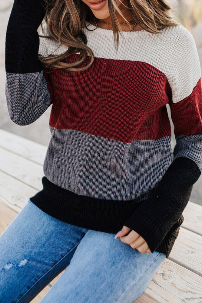 Red Knitted Colorblock Sweater