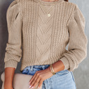  Ribbed Pattern Puff Sleeve Sweater