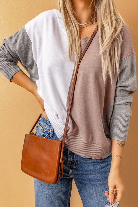 V Neck Colorblock Casual Sweater