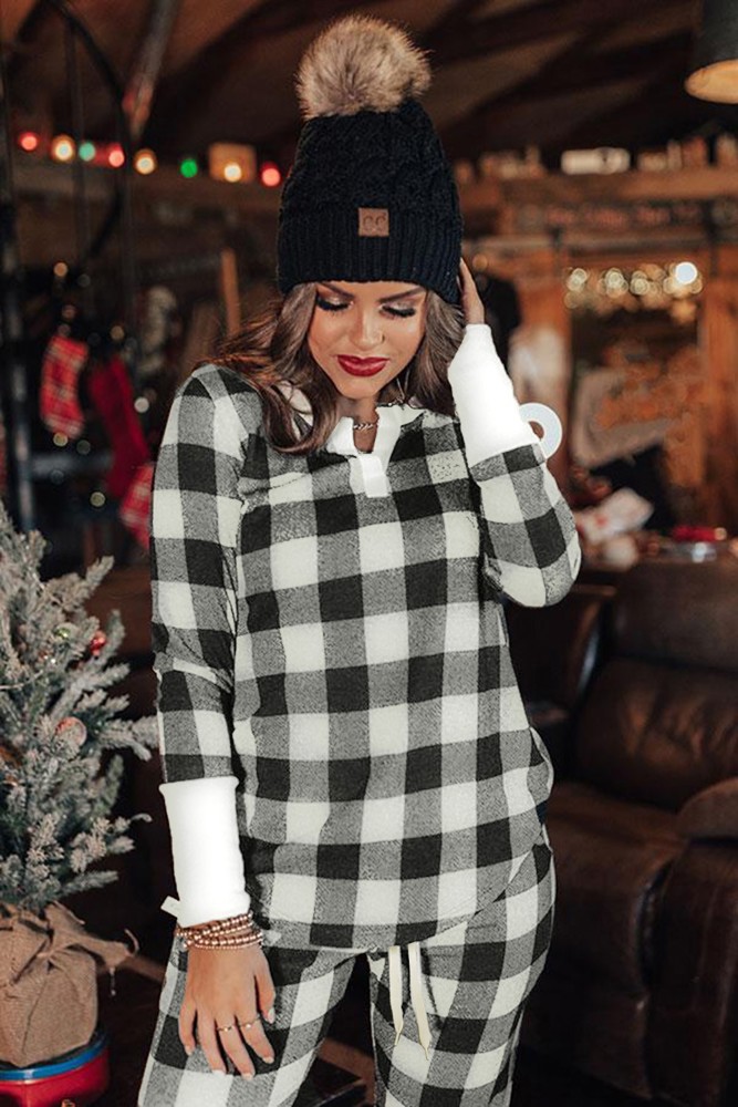 Plaid Long Sleeve Top and Pants Lounge Set