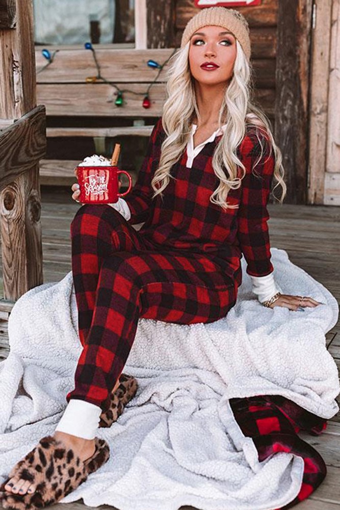 Plaid Long Sleeve Top and Pants Lounge Set