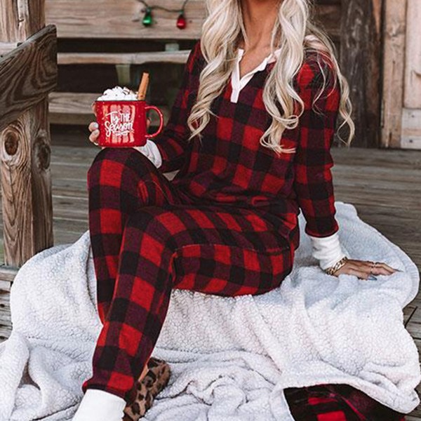 Plaid Long Sleeve Top and Pants Lounge Set