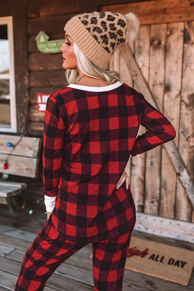 Plaid Long Sleeve Top and Pants Lounge Set