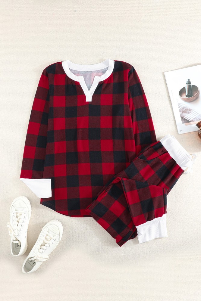 Plaid Long Sleeve Top and Pants Lounge Set