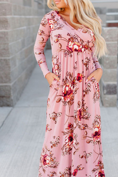 Floral Long Sleeve V-Neck Maxi Dress