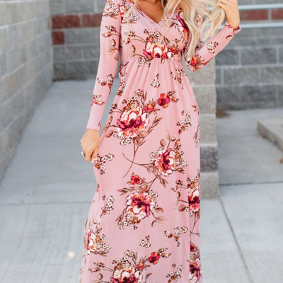 Floral Long Sleeve V-Neck Maxi Dress