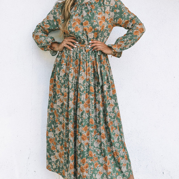 Pleated Long Sleeve Maxi Floral Dress with Tie