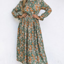  Pleated Long Sleeve Maxi Floral Dress with Tie