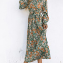  Pleated Long Sleeve Maxi Floral Dress with Tie