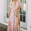  Tropical Floral Ruched V Neck Maxi Dress