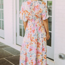  Tropical Floral Ruched V Neck Maxi Dress