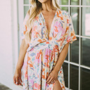  Tropical Floral Ruched V Neck Maxi Dress