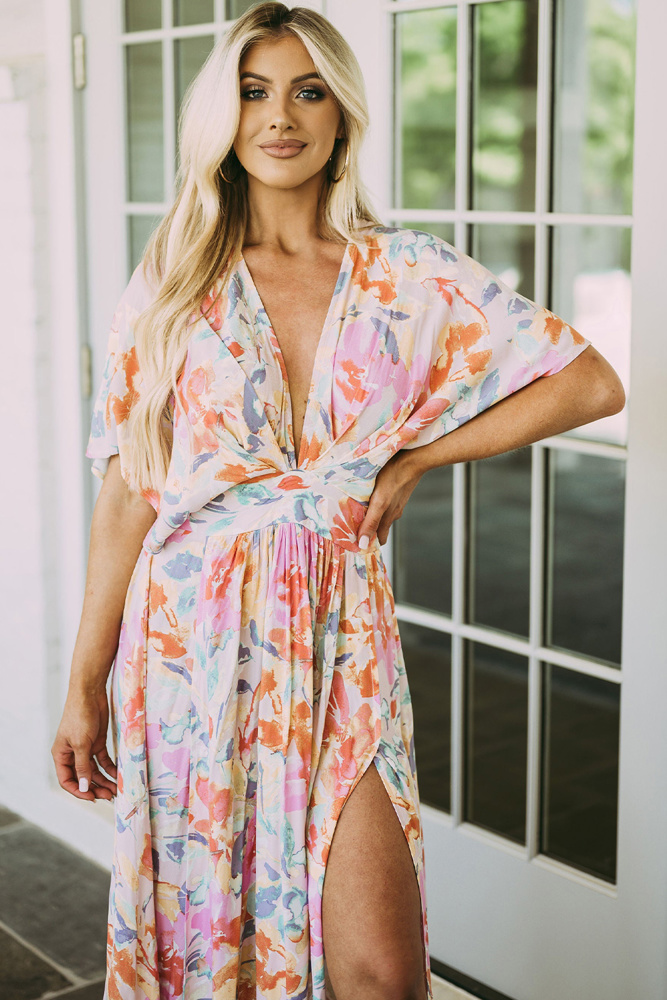 Tropical Floral Ruched V Neck Maxi Dress