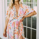  Tropical Floral Ruched V Neck Maxi Dress