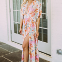  Tropical Floral Ruched V Neck Maxi Dress