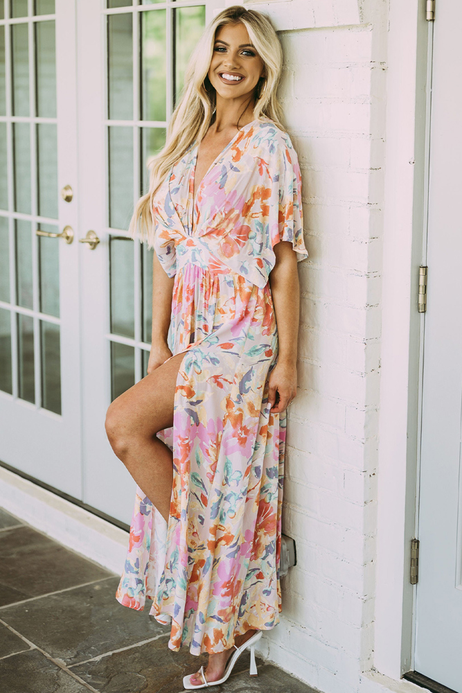 Tropical Floral Ruched V Neck Maxi Dress