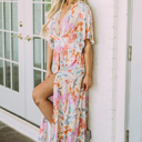  Tropical Floral Ruched V Neck Maxi Dress