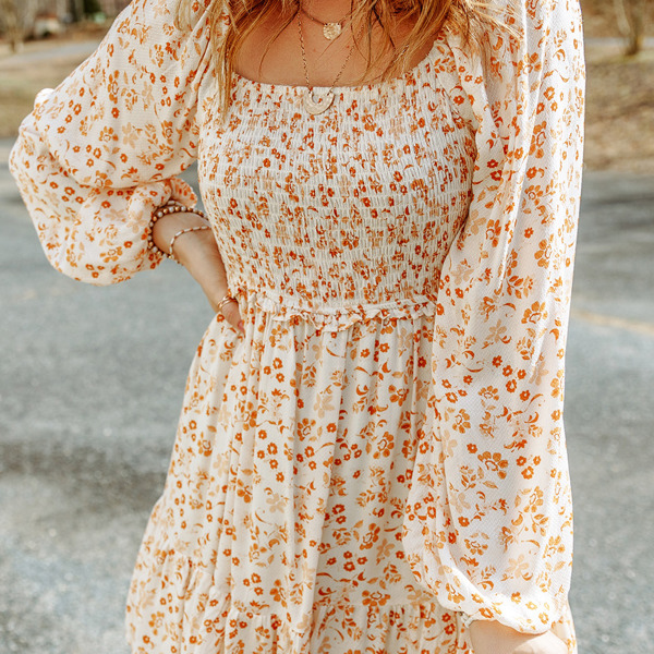 Boho Floral Smocked Puff Sleeve Mini Dress