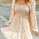  Boho Floral Smocked Puff Sleeve Mini Dress