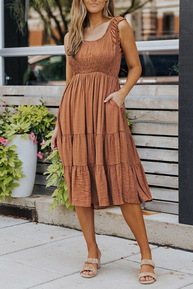 Smocked Ruched Sleeveless High Waist Midi Dress