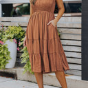 Large Smocked Ruched Sleeveless High Waist Midi Dress