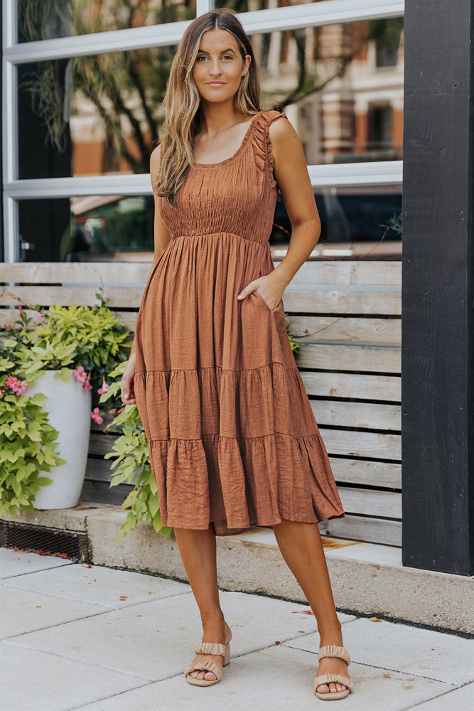 Smocked Ruched Sleeveless High Waist Midi Dress