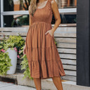  Smocked Ruched Sleeveless High Waist Midi Dress