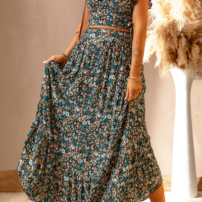 Floral Ruffled Crop Top and Maxi Skirt Set