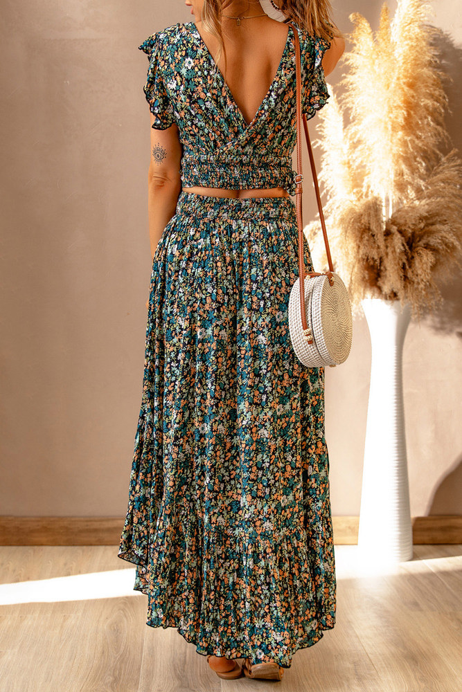 Floral Ruffled Crop Top and Maxi Skirt Set