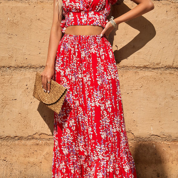 Red Floral Ruffled Crop Top and Maxi Skirt Set