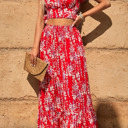  Red Floral Ruffled Crop Top and Maxi Skirt Set