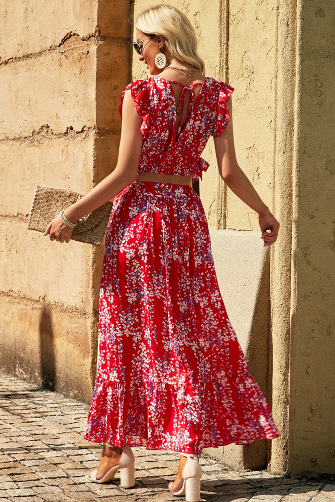 Red Floral Ruffled Crop Top and Maxi Skirt Set