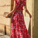  Red Floral Ruffled Crop Top and Maxi Skirt Set