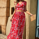  Red Floral Ruffled Crop Top and Maxi Skirt Set