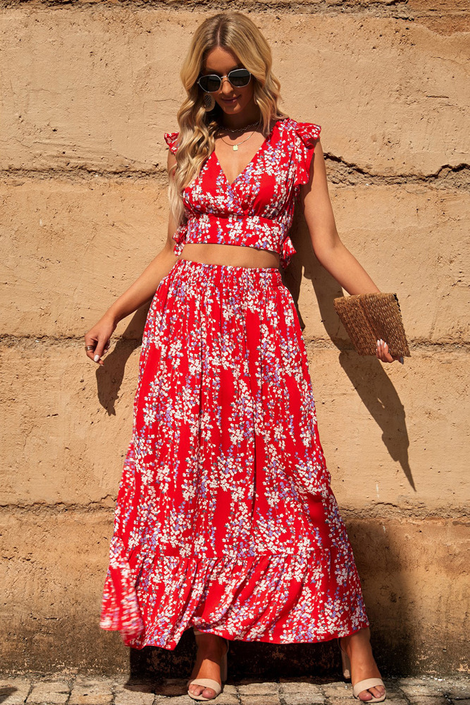 Red Floral Ruffled Crop Top and Maxi Skirt Set