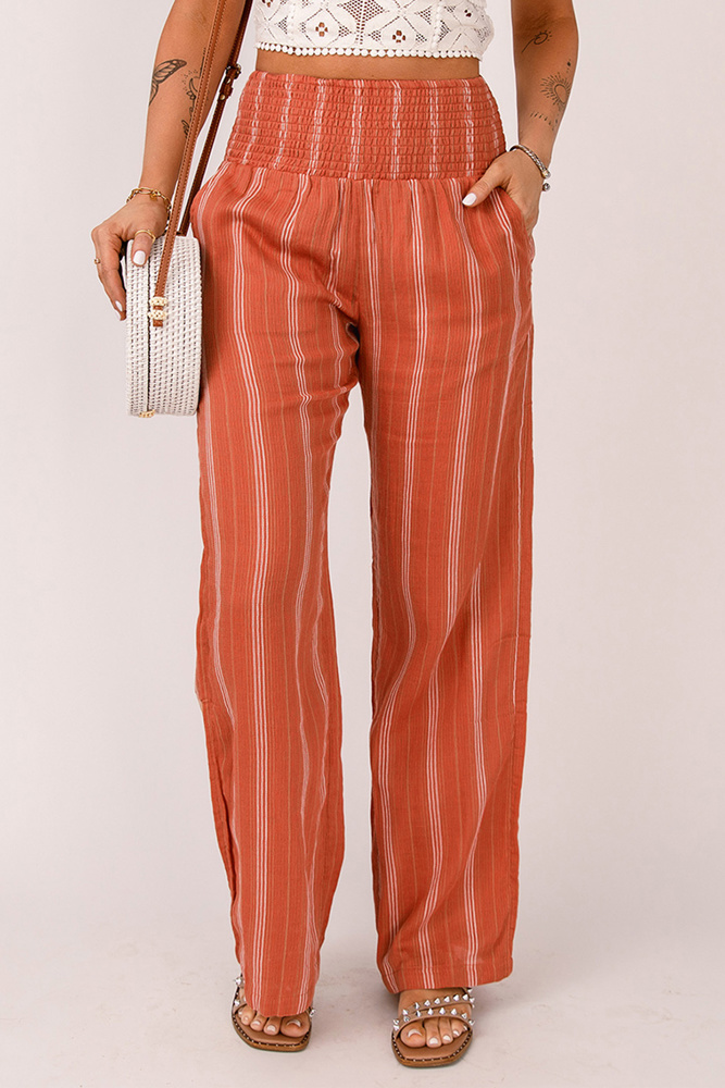 Shirred High Waist Straight Leg Pants