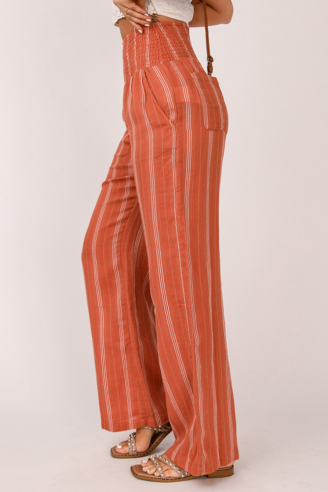 Shirred High Waist Straight Leg Pants