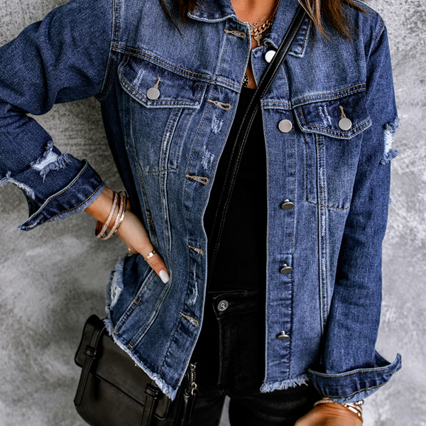 Distressed Raw Hem Buttons Denim Jacket