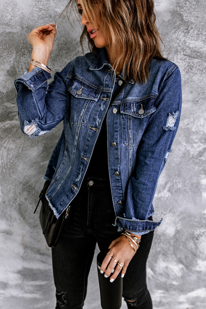 Distressed Raw Hem Buttons Denim Jacket