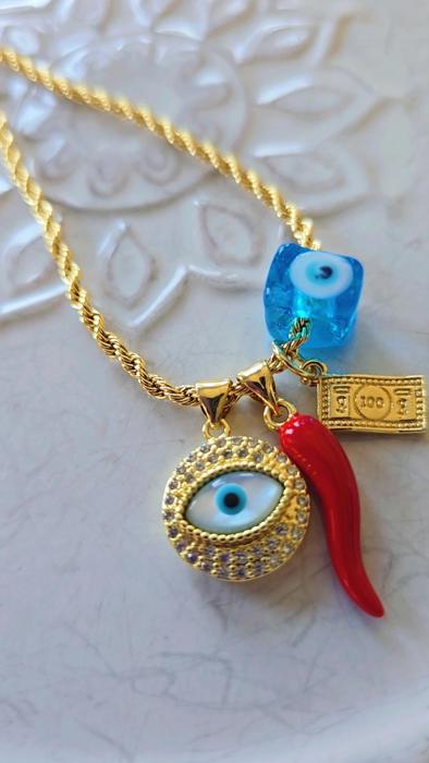  Evil Eye & Chili Pepper Pendant Necklace
