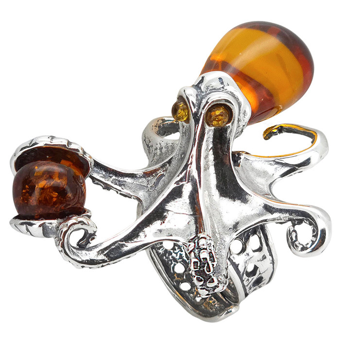 Octopus Cognac Amber Silver Adjustable Ring