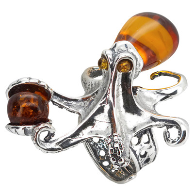 Octopus Cognac Amber Silver Adjustable Ring