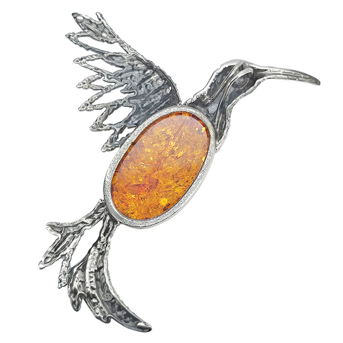 Cognac Amber Sterling Silver Hummingbird Handmade Pendant