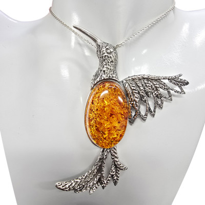 Cognac Amber Sterling Silver Hummingbird Handmade Pendant